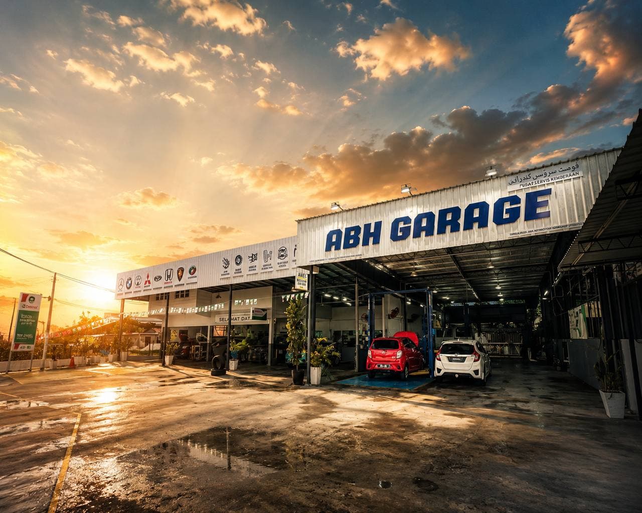 ABH Garage workshop at sunset